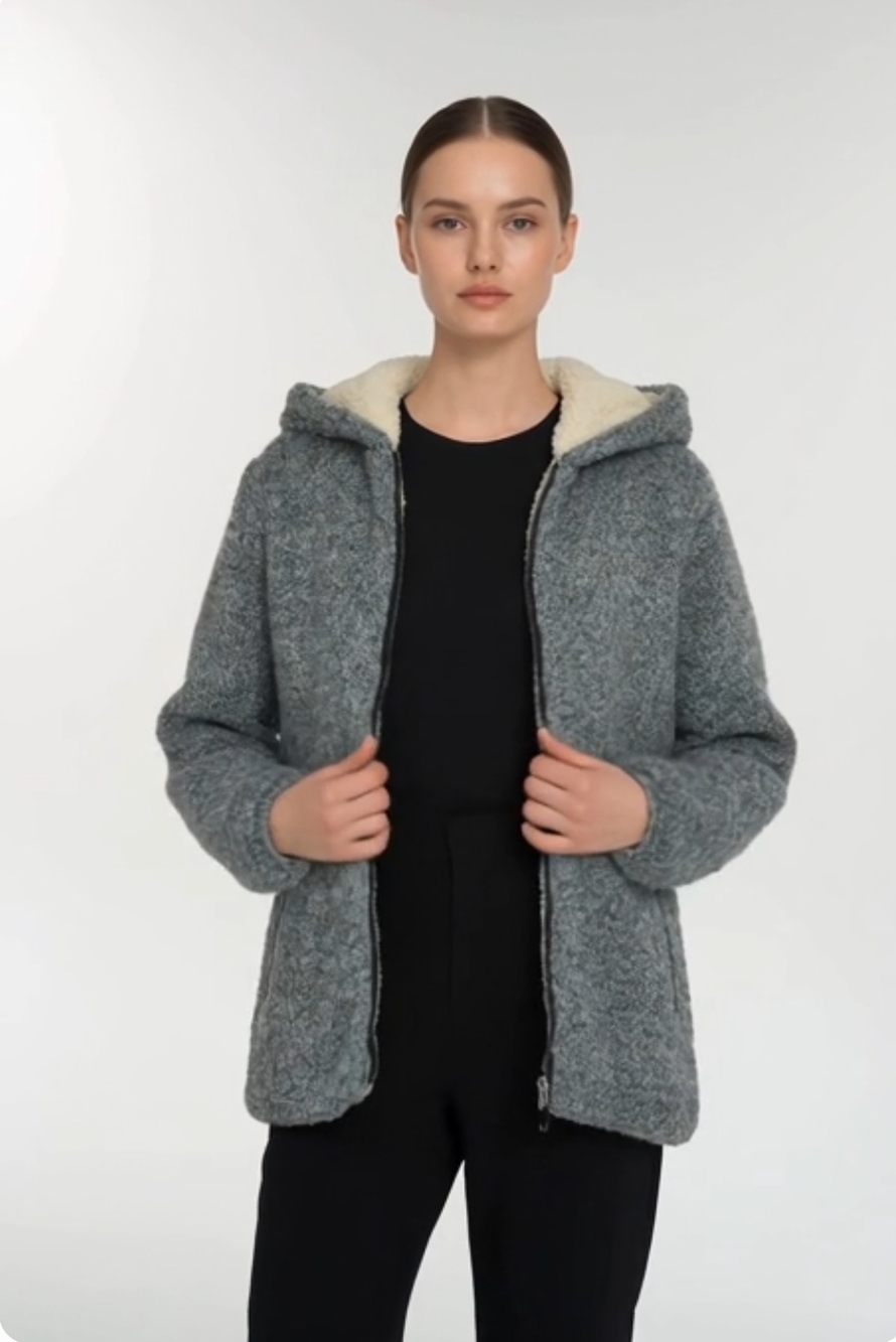 ZARA Trafaluc Women's Grey Teddy Bear Wool Blend Jacket Size M Hooded Quilted VG